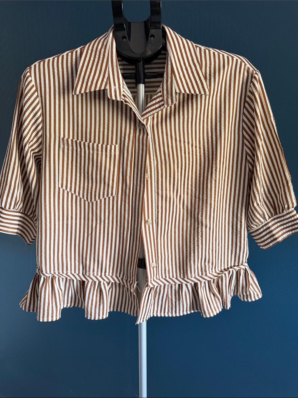 Striped Ruffle-Hem Button Front Top - Brown/White